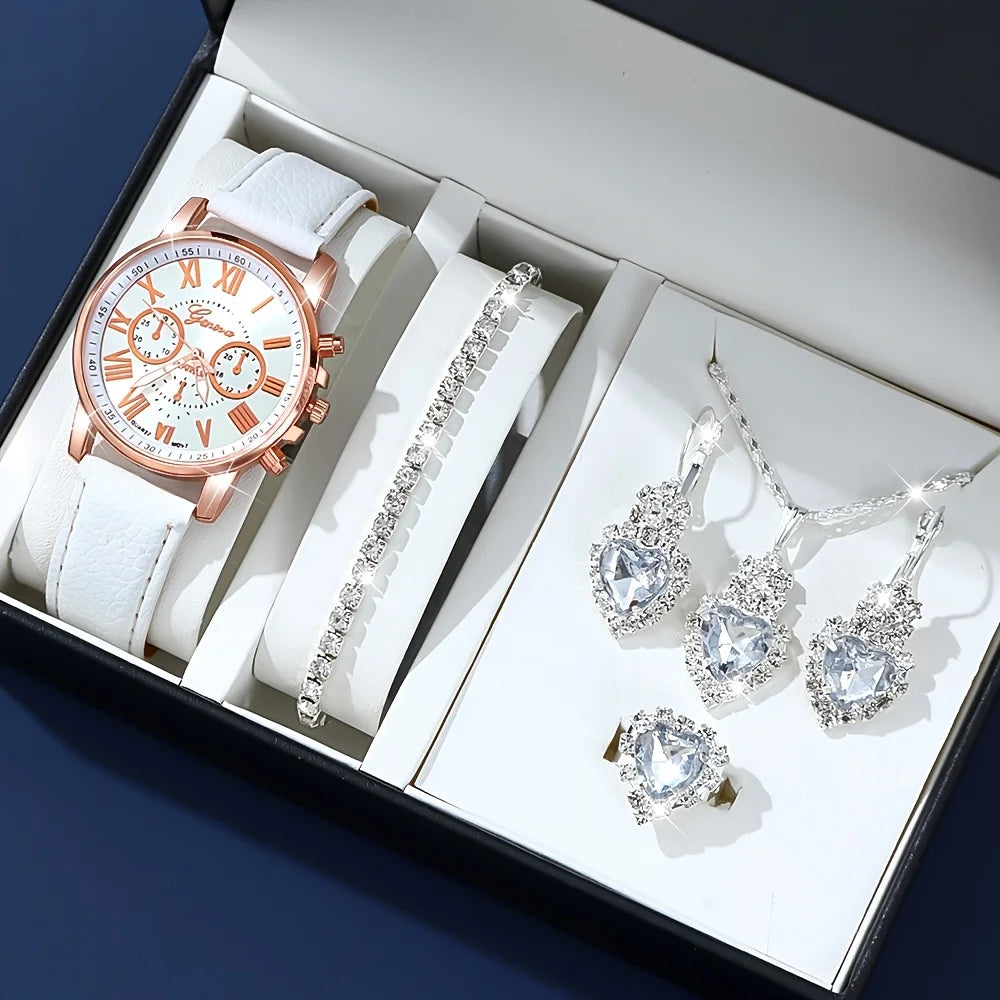 Fashion quartz watch and jewelry set, shock resistant circular analog digital display, PU leather strap, zinc alloy case Qme 3