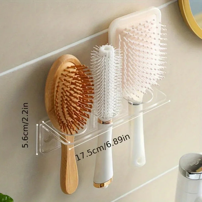 1pc Wall-Mounted Acrylic Hair Brush Holder – Clear Plastic Bathroom Organizer | No-Drill Vanity Storage Rack | Holds Combs Qme