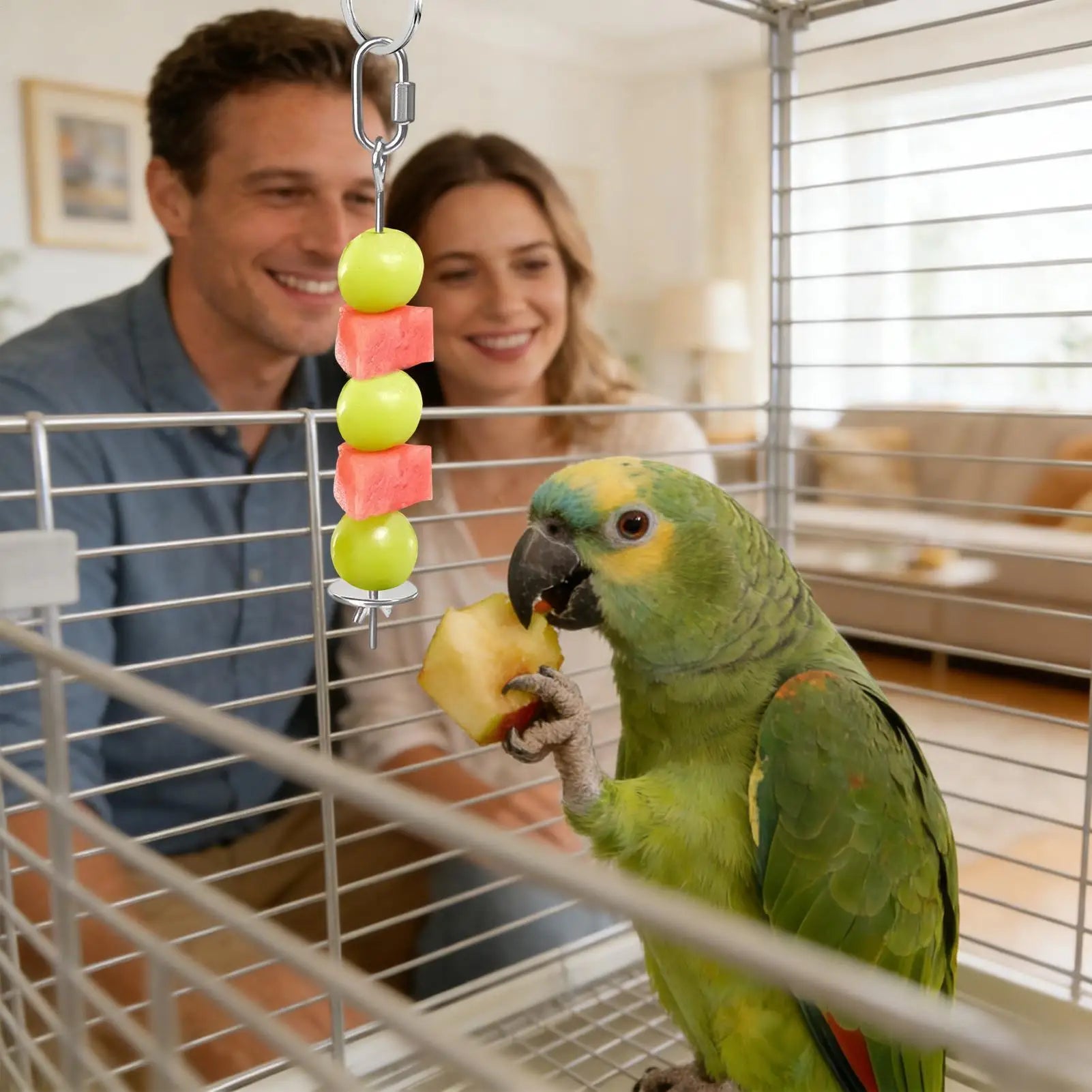Bird Cage Food Skewer Stainless Fruit Stick Holder Bird Food Holder for Cage Foraging Macaw Parakeet Cockatiel Conure Finch Qme