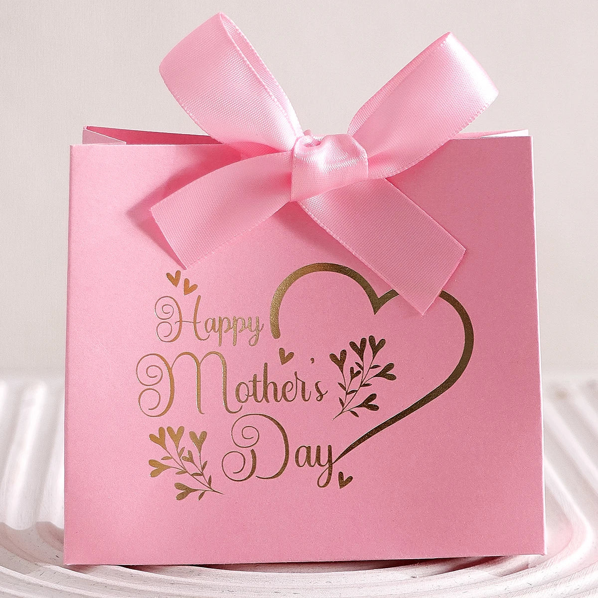 5Pcs Mother's Day Gift Boxes - Small and Elegant Candy Boxes for Mother - Pink and White Design with Gold Paper Printing - Ribbo Qme 5pcs-pink-pink