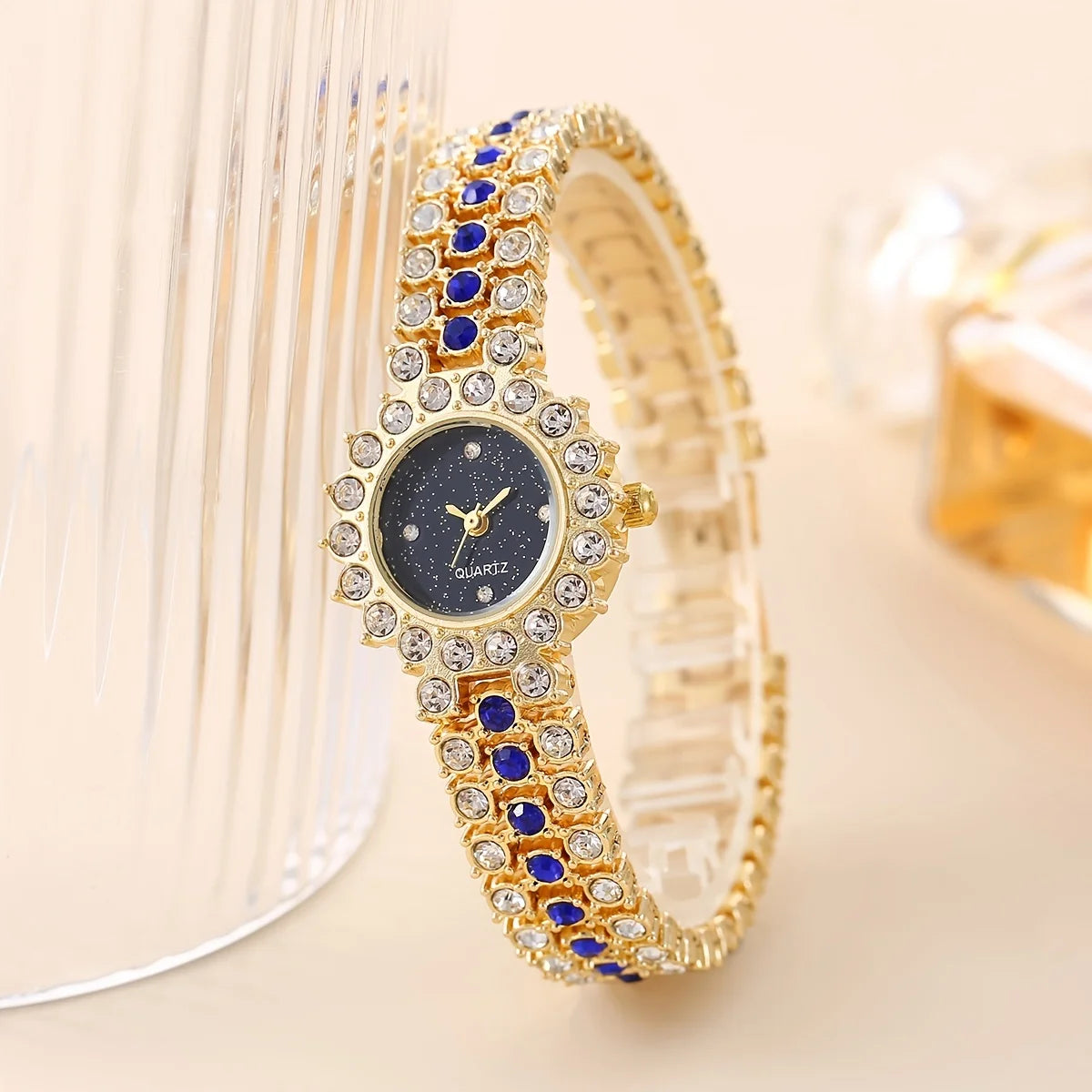 2pcs/set 1pc Ladies Fashion Rhinestone Roman Steel Strap Quartz Watch 1pc Heart Rhinestone Bracelet Set Qme