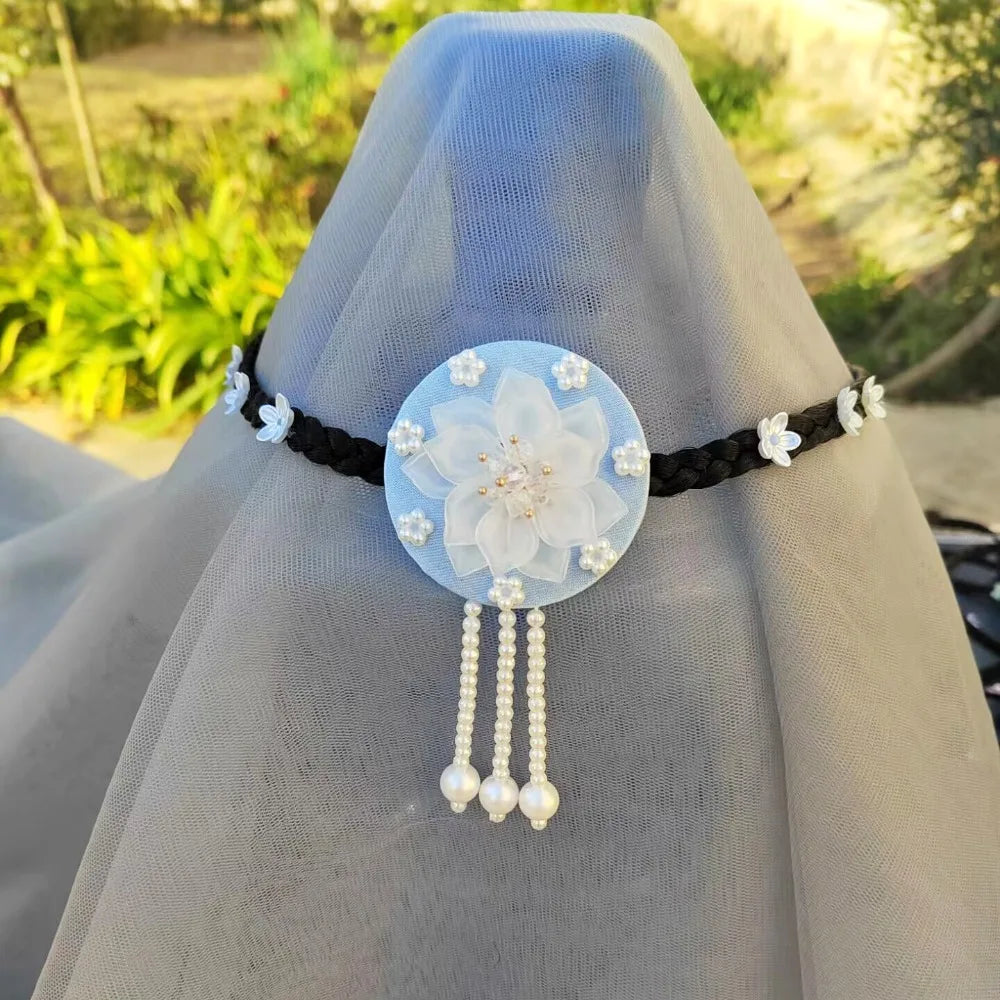 Retro Flower Hanbok Wig Headdress Pearl Traditional Korea Ethnic Qme Style1-Blue