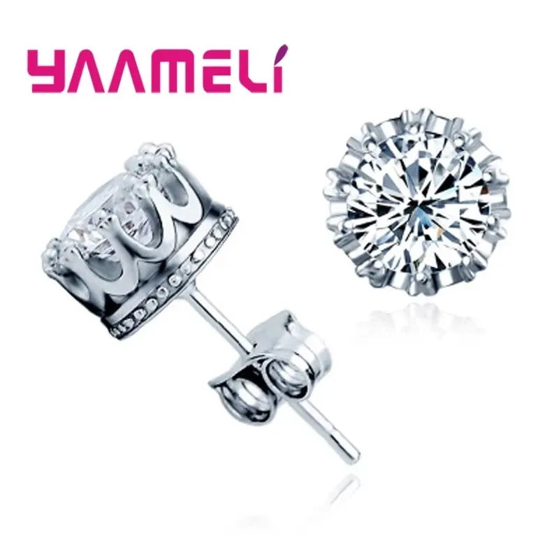 Classic 925 Sterling Silver Color CZ Crystal Stud Earrings For Women Men Top Quality Cubic Zircon Ear Accessories Jewelry Qme WHITE