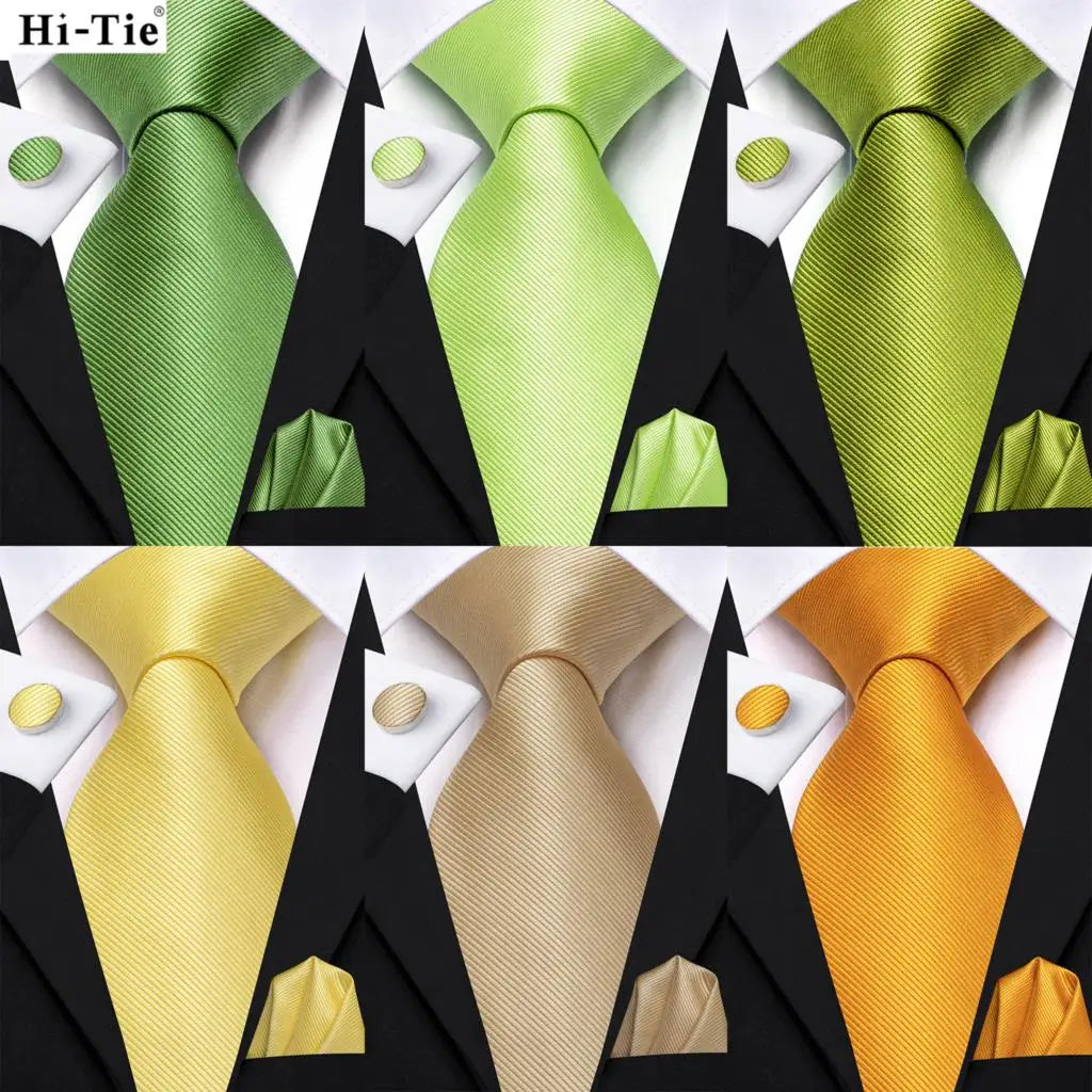 Hi-tie Solid Green Orange Mens Fashion Necktie Handkerchief Cufflinks Qme