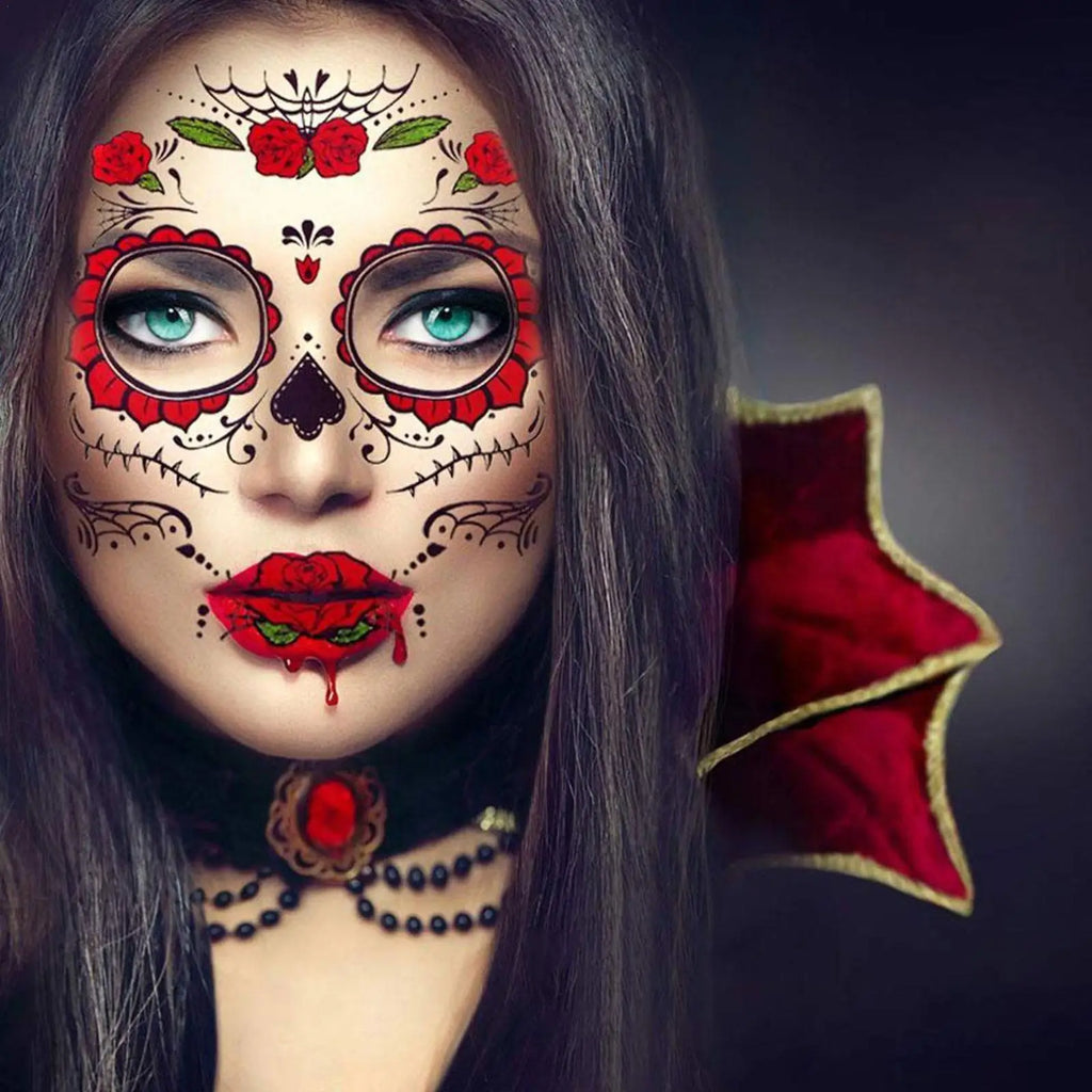 Day Of The Dead Face Tattoos, 13 Sheets Sugar Skull Temporary Face Tattoos Stickers For Halloween Party Facial Makeup Stickers Qme