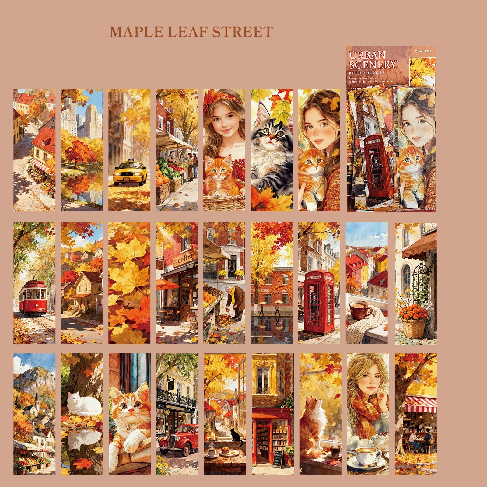 25Sheets/Bag Urban Landscape Figure Theme PET Stickers for DIY Craft Scrapbook Laptop Guitar Phone Case Water Bottle Decoration Qme 5