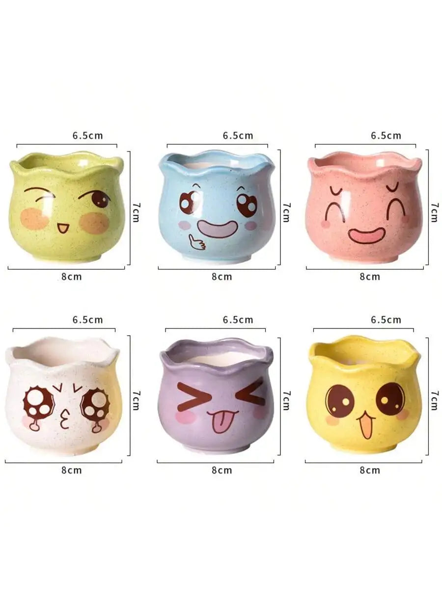 Cartoon Cute Ceramic Flower Pots Succulent Plant Pot Drainage Hole Qme 6pcs
