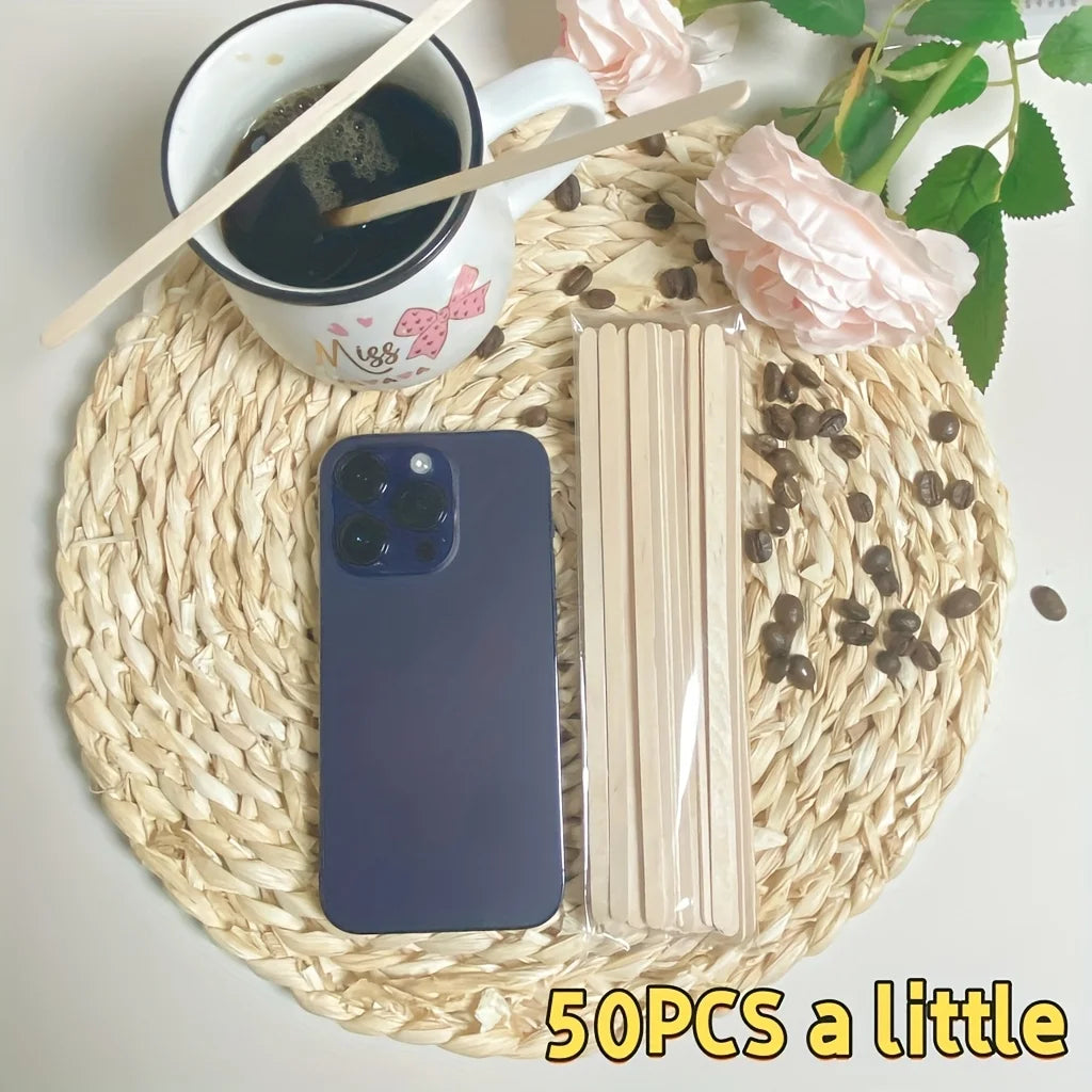 50pcs Wooden Coffee Stir Sticks - High-quality Disposable Beverage Stirrers, Suitable for Coffee, Tea, and Cocktails. Qme