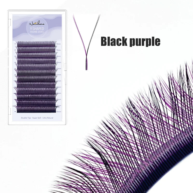NATUHANA YY Shape Eyelashes Extension Two Tip Lashes C D Curl Ombre Qme Black purple D 0.07mm|8-14mix