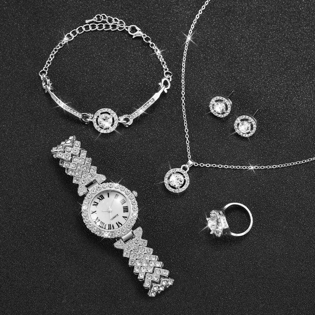 6PCS/Set Luxury Rhinestone Women's Watch Silver Band Ladies Roma Dial Quartz Watch Jewelry Set（Without Box） Qme