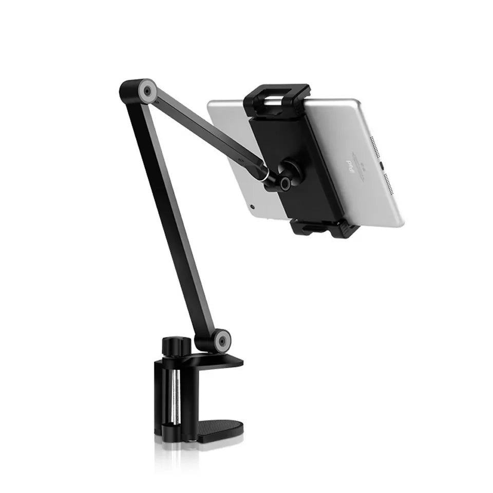 Tablet Stand Rotating Long Arm Mobile Phone Holder Height/Angle Adjustable Aluminium Alloy Tablet Mount for 4-13inch iPhone iPad Qme Black