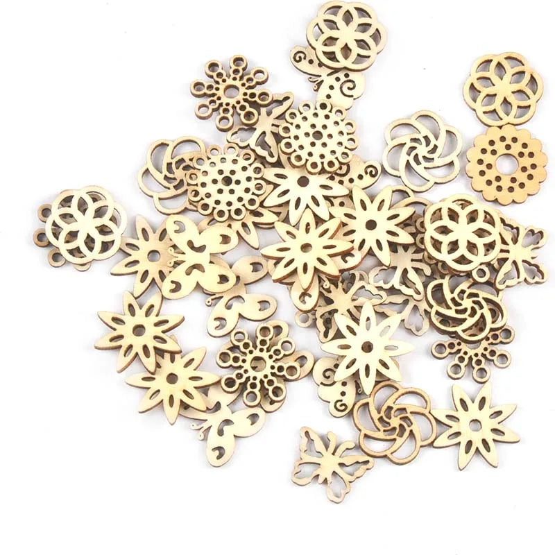50pcs Hollow Flower Shape Natural Wooden Embellishment Scrapbook Accessories Handmade Crafts Ornament Home Decor 19-32mm c3626 Qme