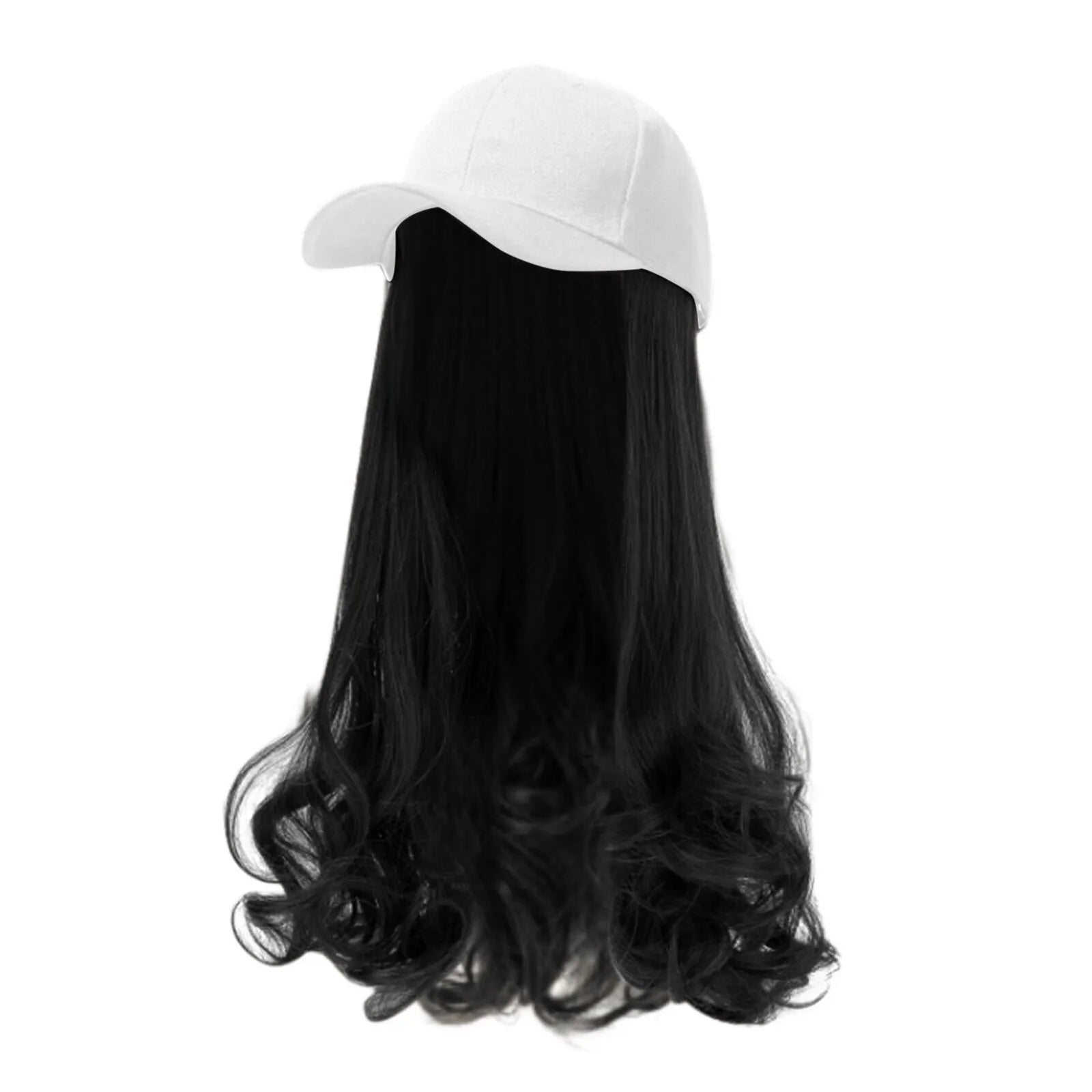 Baseball Cap With Hair Extensions Long Curly Hairstyle Adjustable Removable Black Wig Hat 17.7inch For Woman Girl Qme
