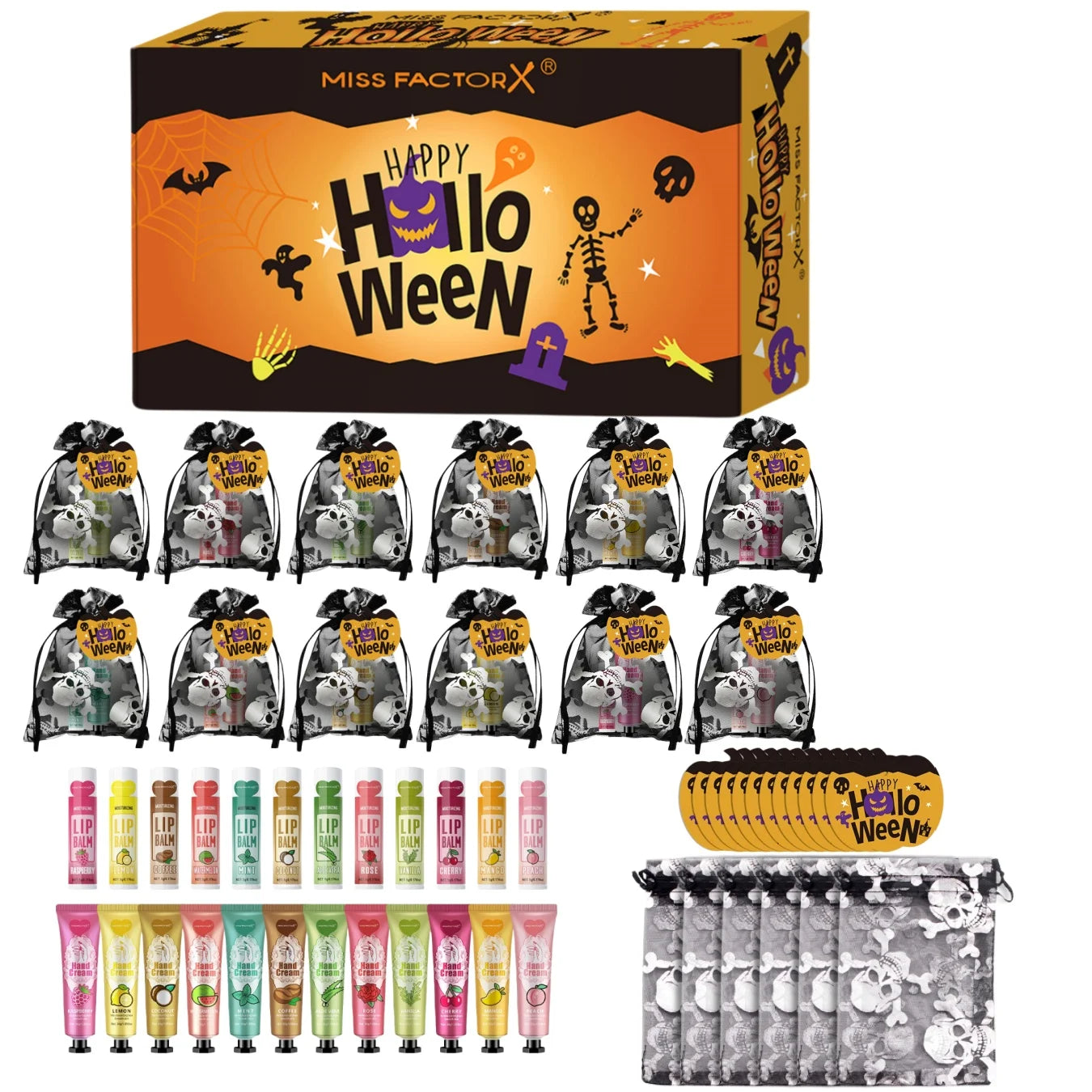 12 Halloween gift sets/box, lip balm set, hand cream set, Easter, skull mesh bag and pumpkin card, Trick or treat Qme