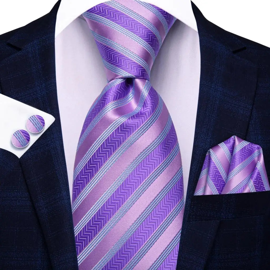 Hi-Tie Purple Silver Striped Silk Elegant Tie For Men Groom Wedding Men Necktie Pocket Square Cufflink Accessory Wholesale Qme SN-3853