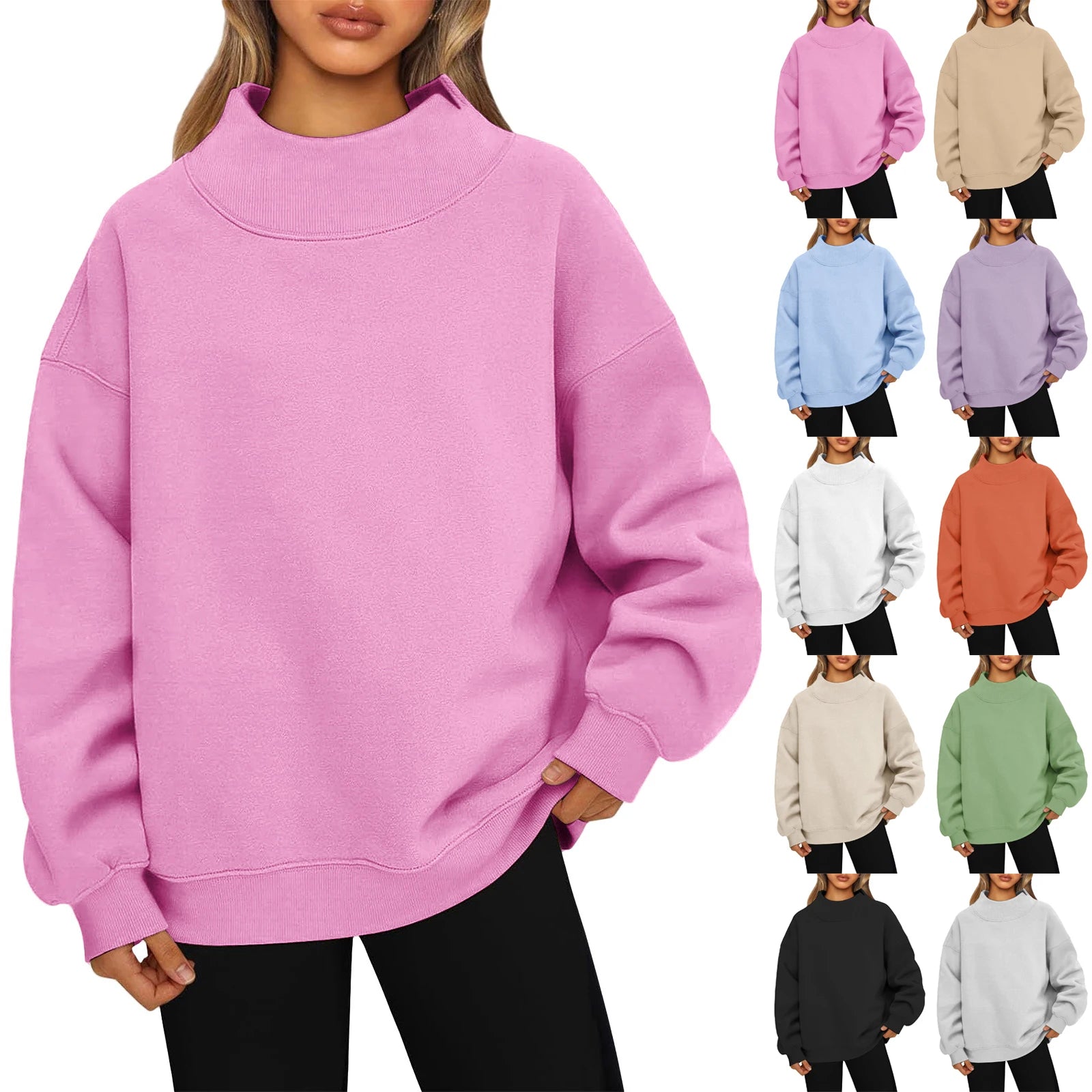 Fashionable Loose High Neck Long Sleeved Solid Color Hoodie for Lady Lazy Style Basic Casual Commuted Pullover Top Qme