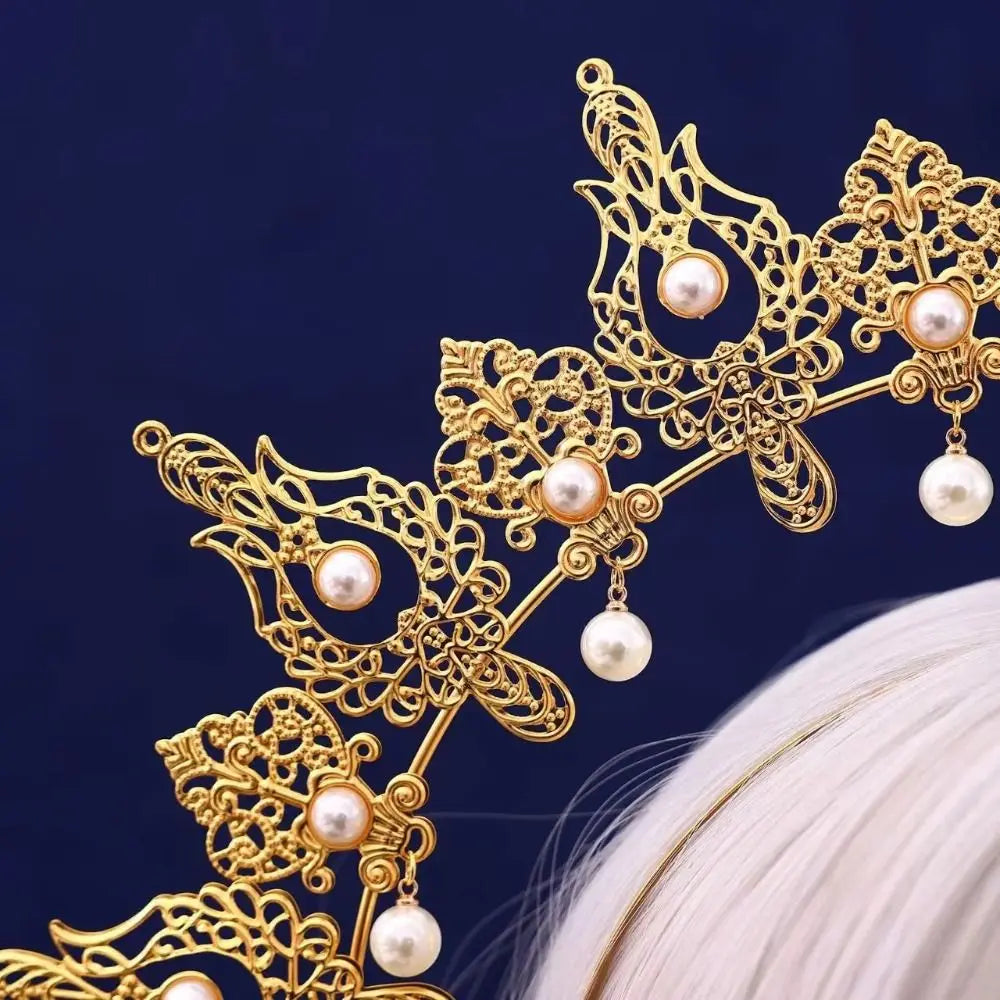 Gothic Gold Plated Halo Crown Vintage Faux Pearl Inlaid Sun Goddess Qme