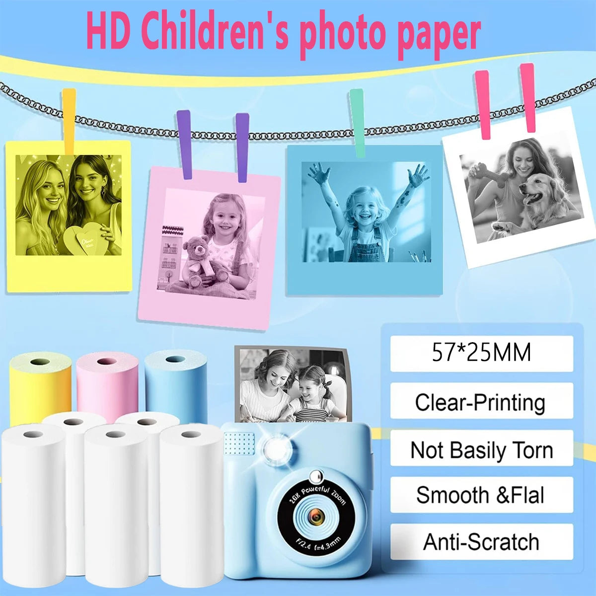 Kids Camera Paper Roll, Kids Instant Refill Paper, 4 Color Portable Thermal Printing Camera Photo Paper Rolls 57*25mm Qme