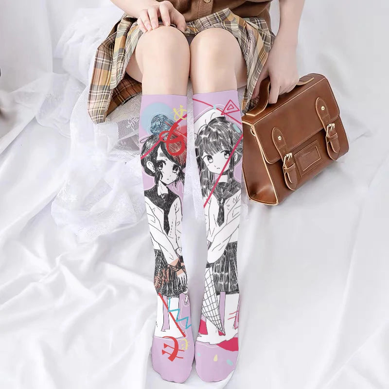 1 Pair Women Mid-tube Stockings Cartoon Anime Personality Printed Qme
