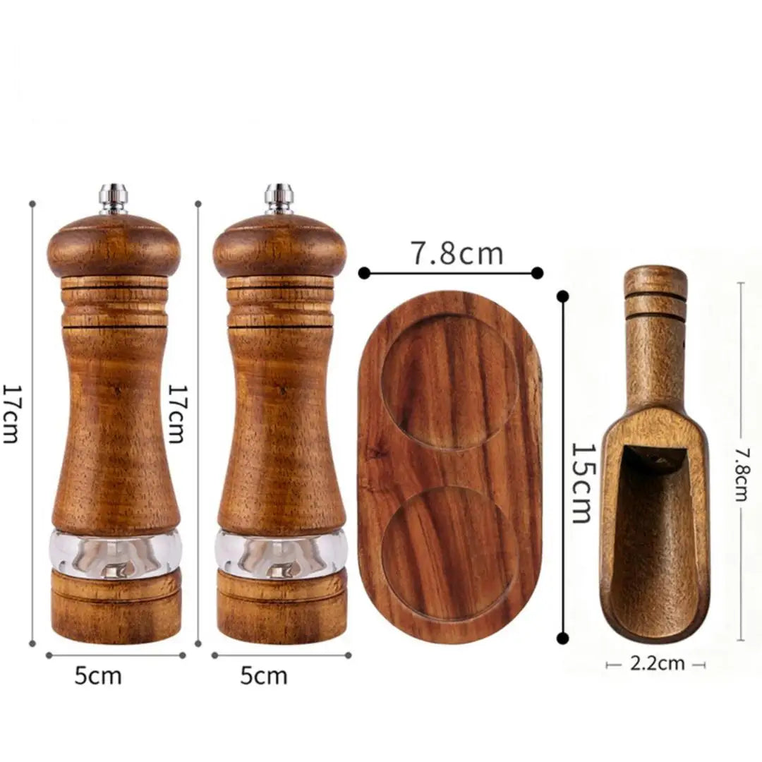 A 6 Inch Acrylic Pepper Mill Ceramic Core Grinder, Rubber Wood Double Hole Tray & Small Wood Spoon Spice Seasoning Set Qme 4pcs Grinding setE