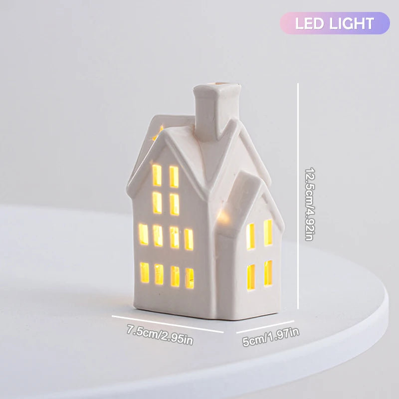Village House Light Up Decorations, White Ceramic House Decor With Lights, Light Up Winter Village Houses Qme E