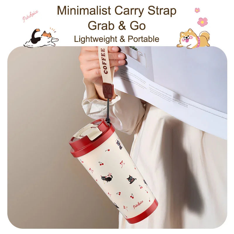 Floral Kitten Design Dual-drink Vacuum Insulated Cup Large Capacity Qme