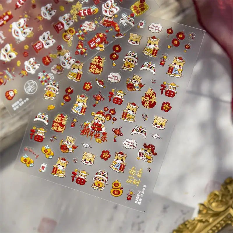 Cute Chinese Year Horse Lion Dance Bow Nail Art Print Stickers Lucky Qme A2