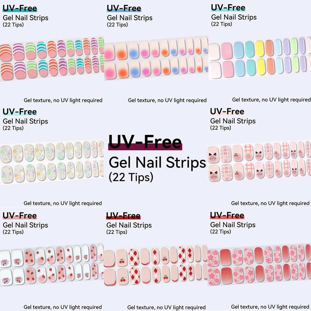 Baking-free 22Tips Nail Stickers Summer Strawberry Polish Sticker Qme