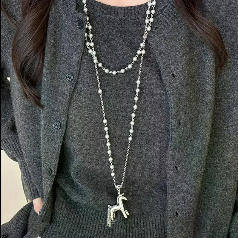 Fashion Korean Version Pearl Pony Pendant Necklace For Women Girls Vintage Exquisite Horse Necklace Jewelry Accessories Gifts Qme