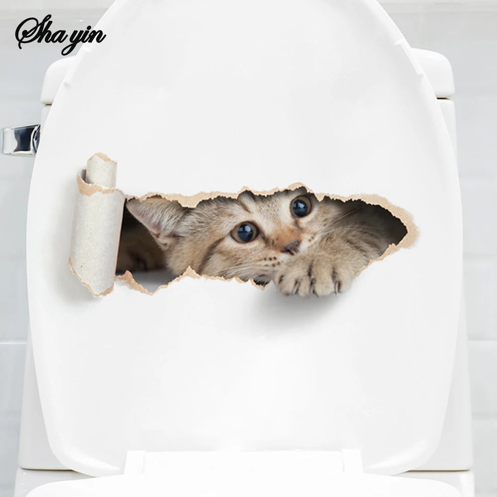 Cartoon Hole Breaking Cat Toilet Sticker, Bathroom Beautification Decoration Toilet Cover Waterproof Sticker Qme