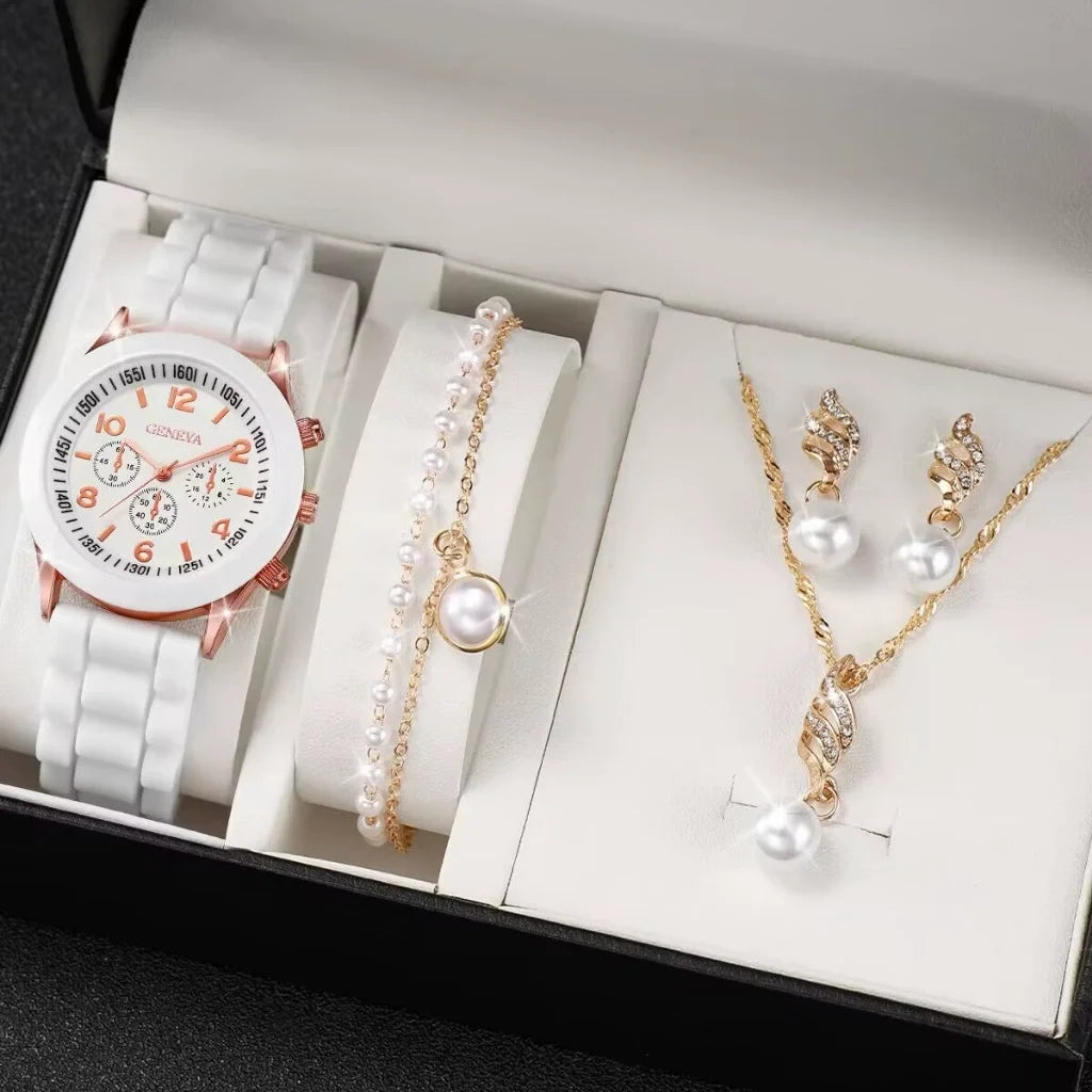 6PCS Women's Watch Fashion Silicone Band Quartz Watches Pearls Heart Jewelry Set（Without Box） Qme Boxes not included 2