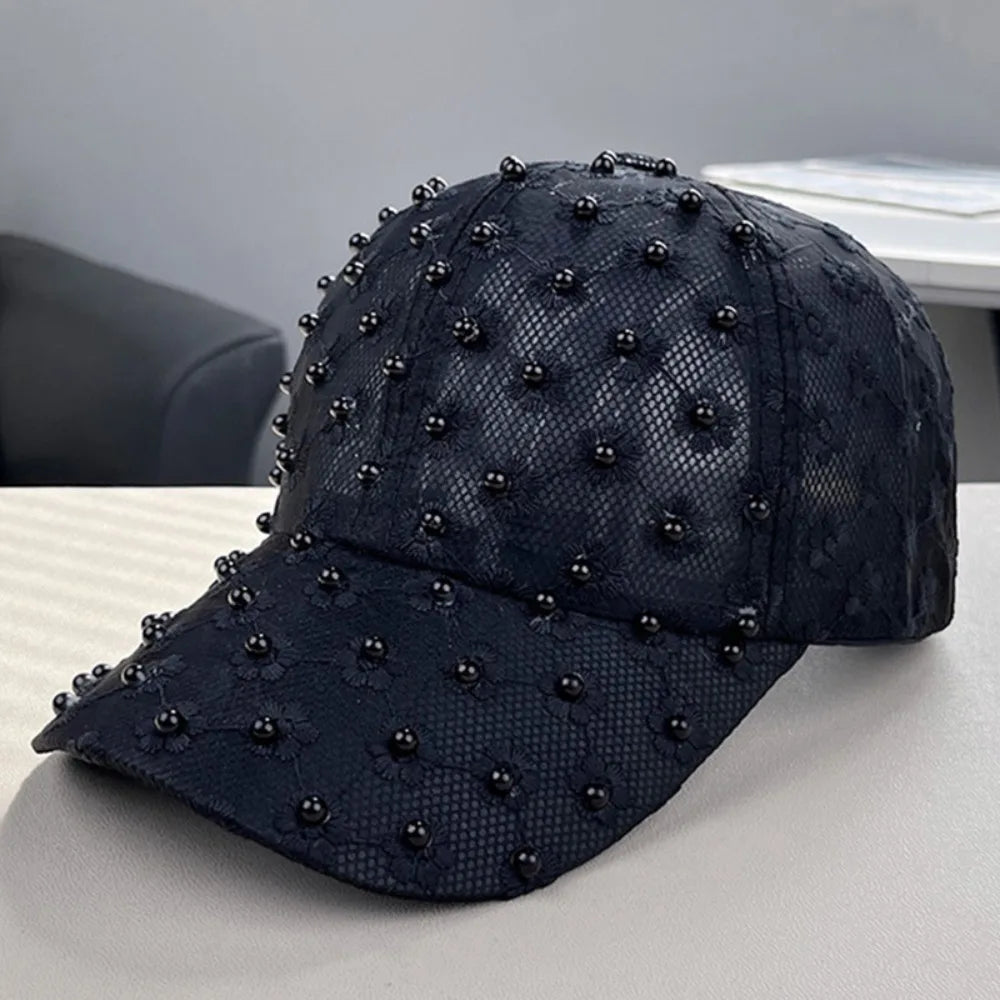 Embroidery Lace Baseball Cap Adjustable Sunscreen Embroidered Flower Qme Black