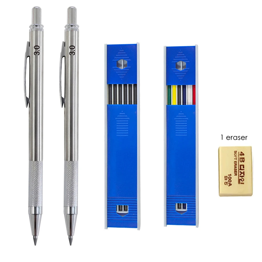 Mechanical Pencil Set 3.0mm Full Metal Art Drawing Painting Automatic Pencil with Leads Office School Supply Qme 2Pen 2refill 1er D