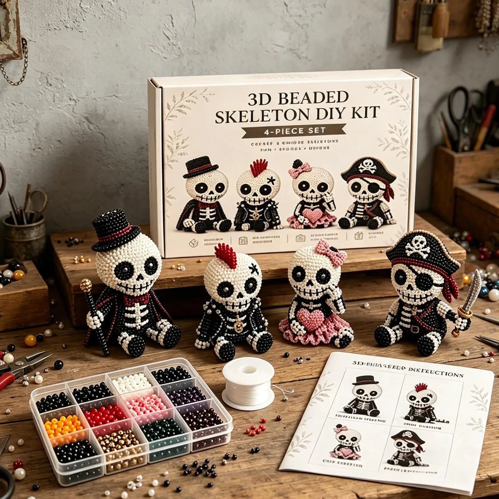 3D Beaded Skeleton Craft Set Halloween Adorable Keepsake Mini 3D Beaded Skeleton Crafting Set for Home Party Classroom School Qme