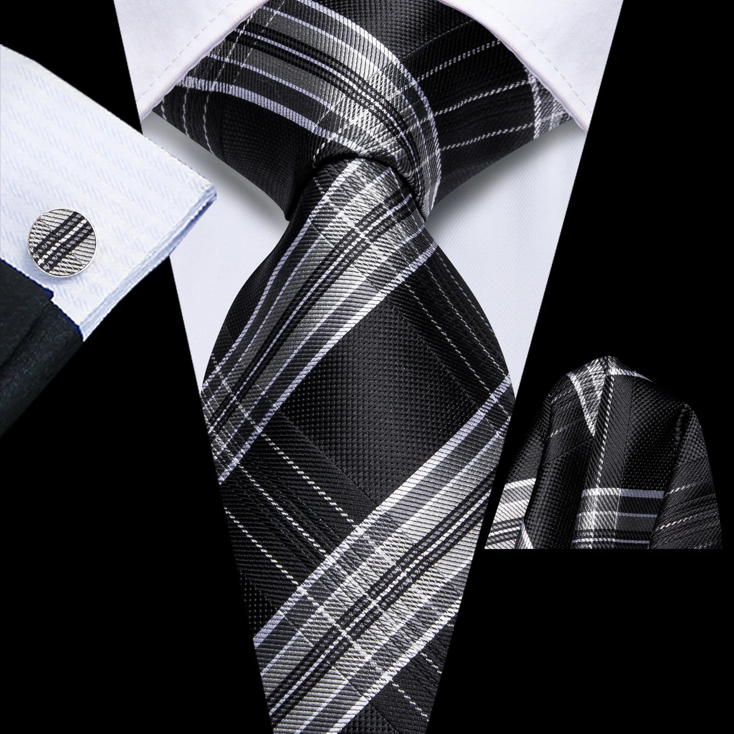 Hi-tie Black Red Heart Plaids Mens Fashion Necktie Handkerchief Qme HT-N-0204