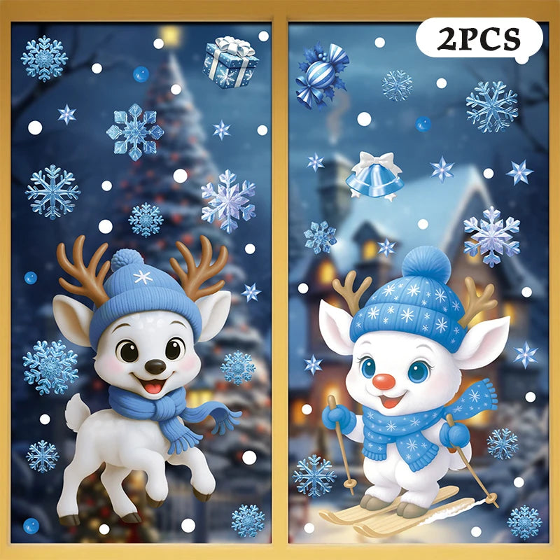 Blue Christmas Window Clings-Static Sticker Set With Bells, Reindeer, Santa, Snowflakes & Snowman For Holiday Party Decor Qme A6