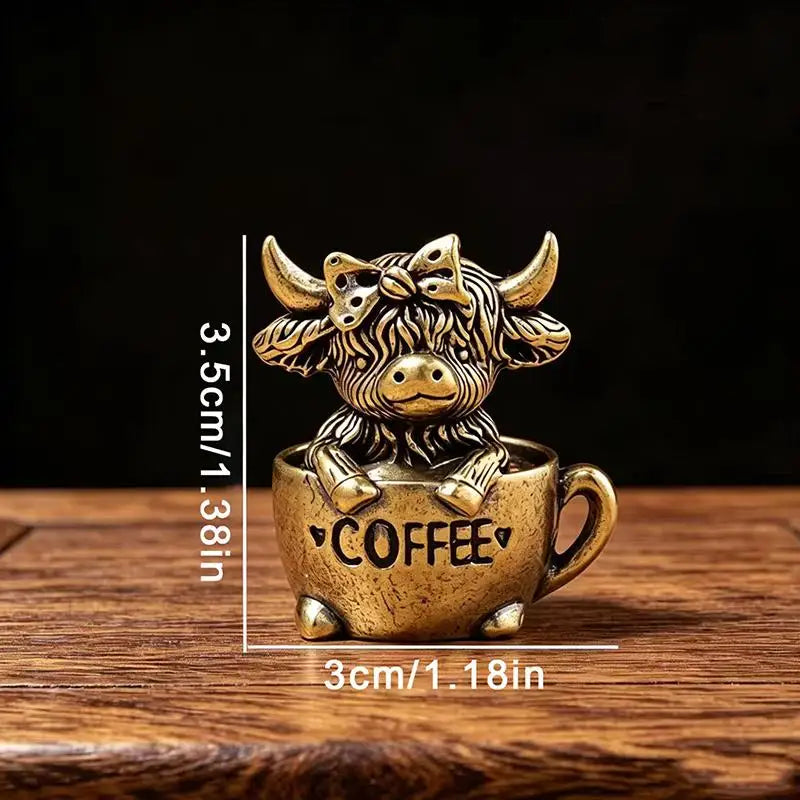 Handmade Vintage Highland Cow Figurine Solid Brass Mini Lucky Qme