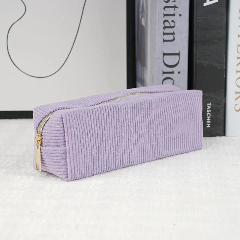 Vintage Simple Solid Corduroy Pencil Case Large Capacity Stationery Qme Purple