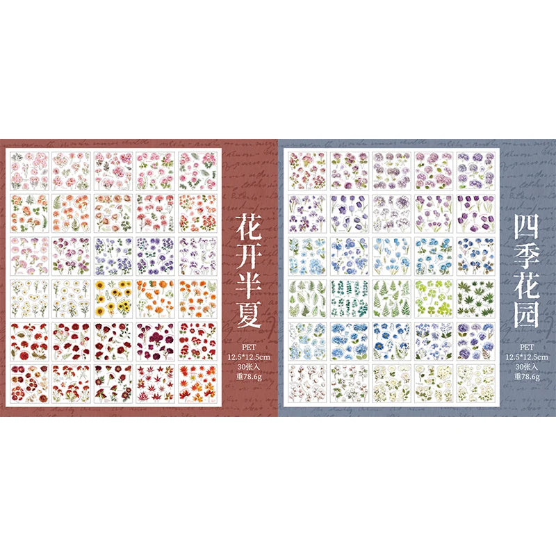 30 Sheets Kawaii Flower & Plant Pattern Flash Film Die Cutting Sticker Book for DIY Scrapbook Diary Album Aesthetic Stationery Qme AB