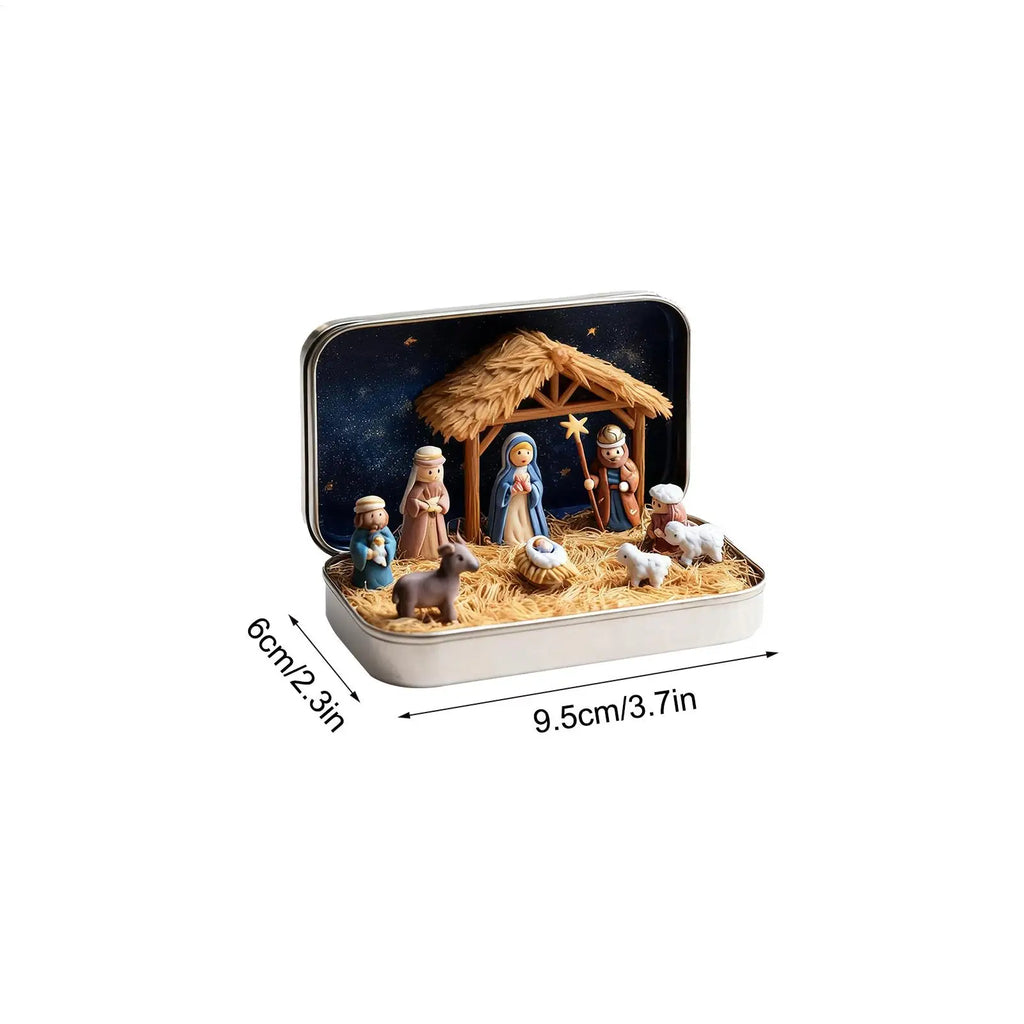 Miniature Nativity Tin Box Christmas Table Decoration Tabletop Qme