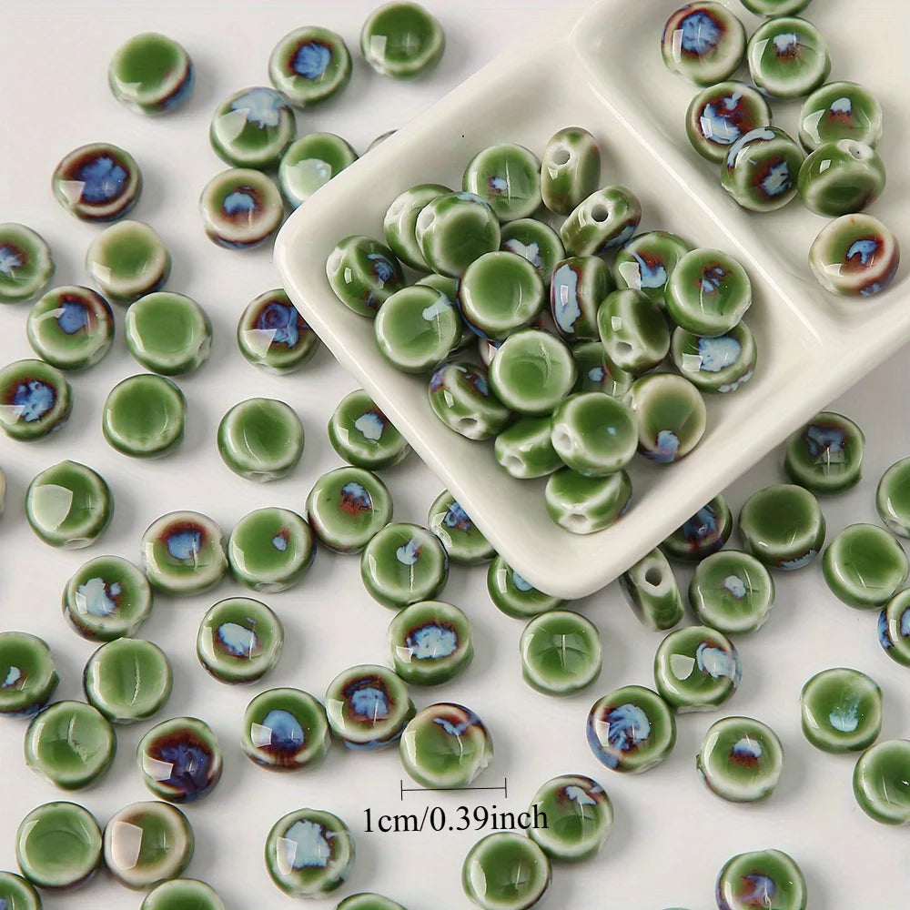 11pcs Ceramic Flat Beads Vintage Chinese-Inspired Floral Glaze Beads for Jewelry Making, Bracelet & Necklace Crafting Supplies Qme