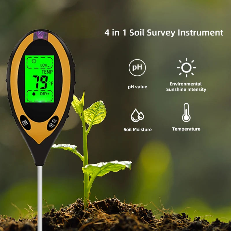 Soil PH Meter Tester Moisture Temperature Sunlight Intensity Qme