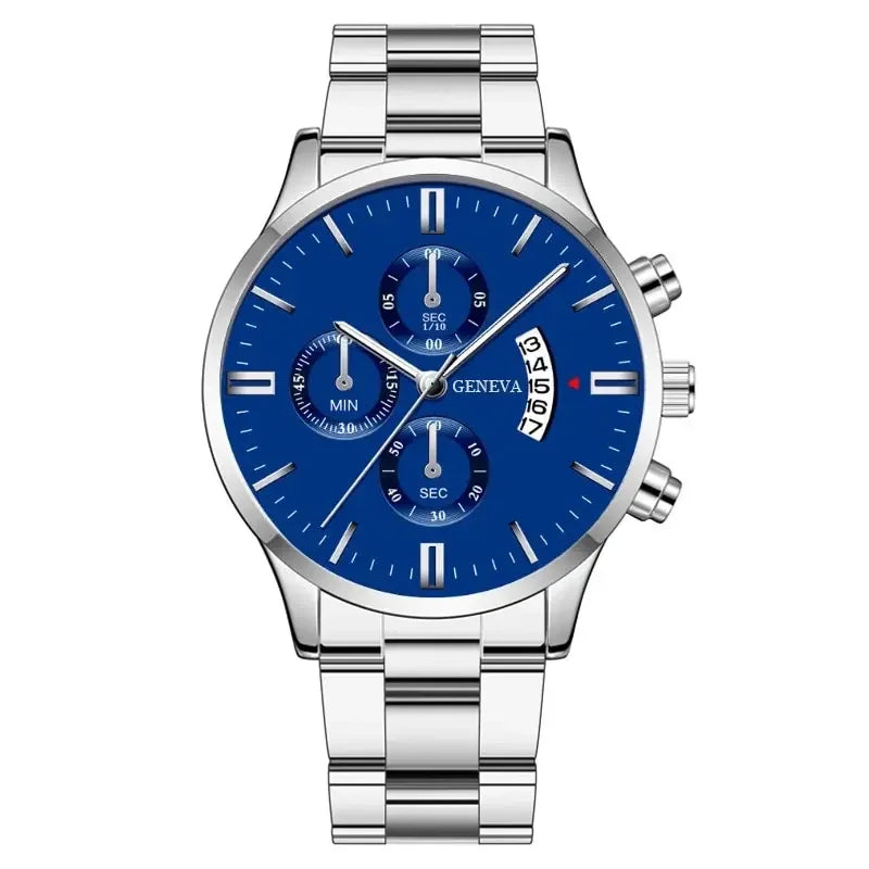 Fashion Mens Watches Luxury Silver Stainless Steel Quartz Wrist Watch Man Business Watch for Men Calendar Clock Reloj Hombre Qme Silver Blue