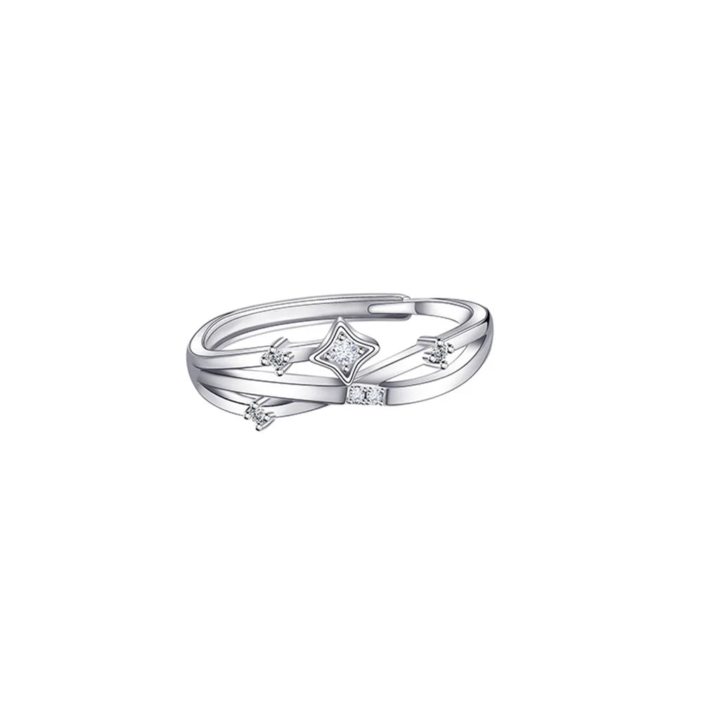 Sparkling Zirconia Star Ring Women's Light Luxury Charm Minimalist Fashion Style Four Star Opening Adjustable Daily Ring Qme
