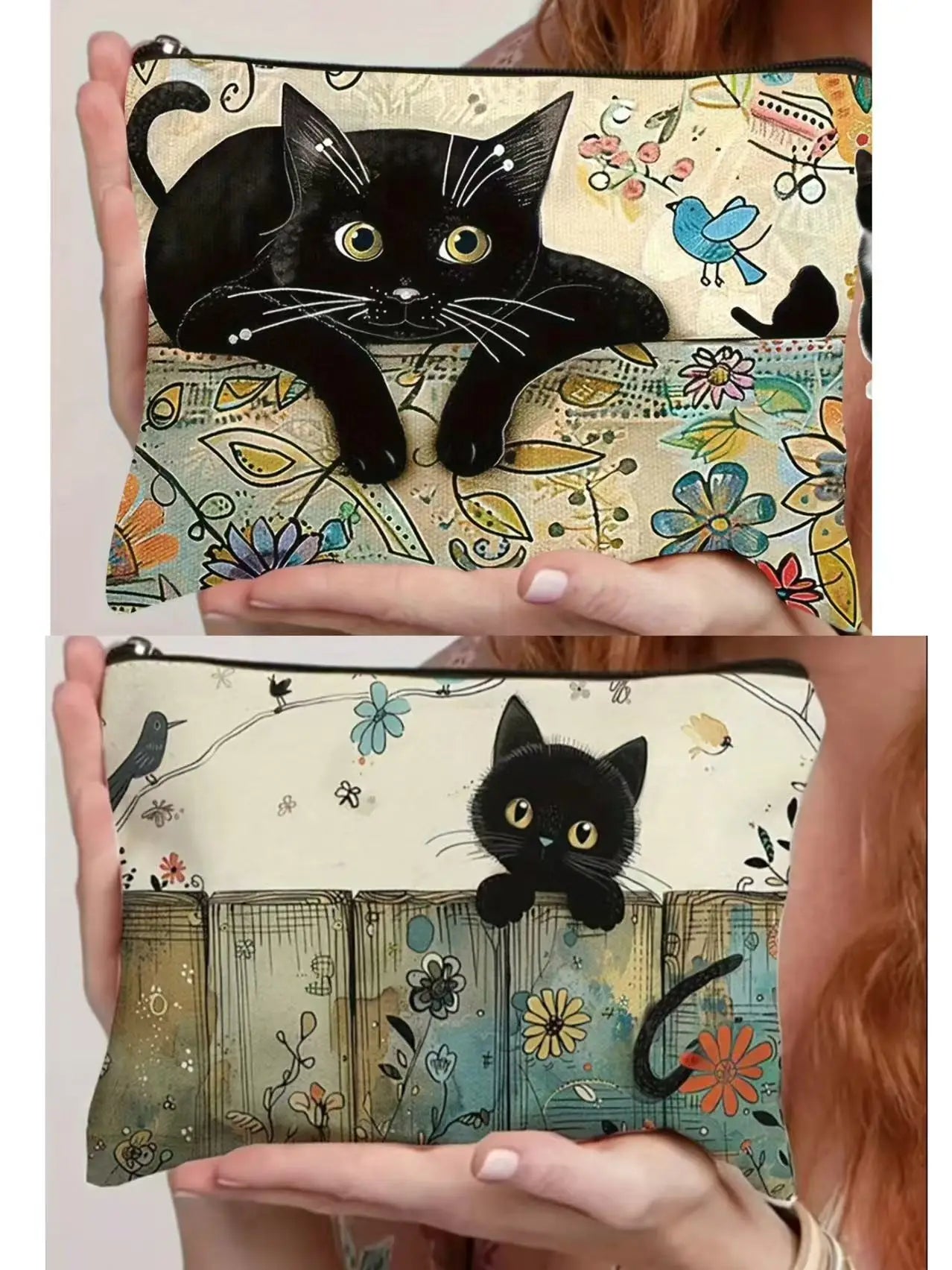 Stylish Black Cat Pattern Cosmetic Bag Water-resistant Polyester Zip Qme A and B M