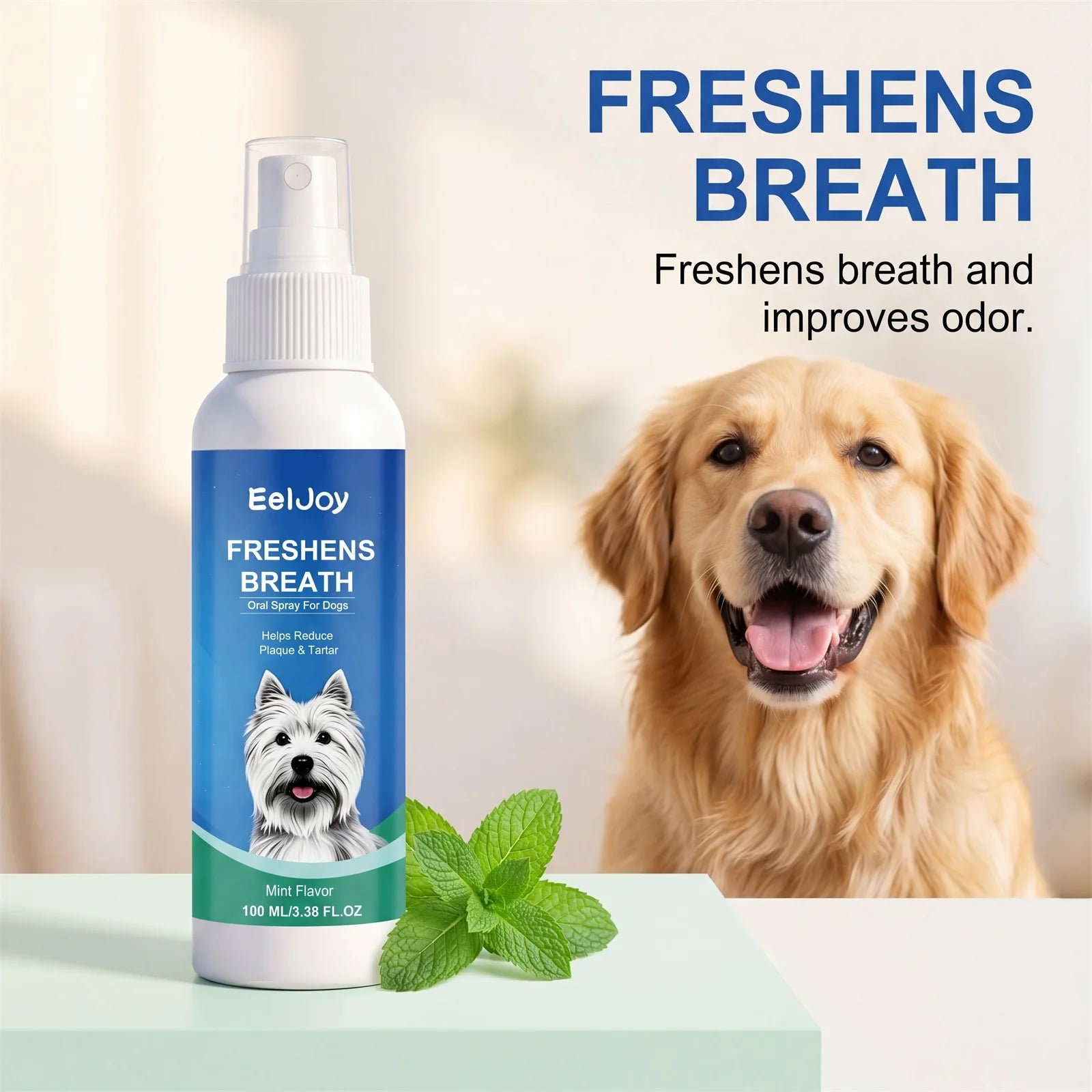 EELJOY Pet Dental Care Spray Reduces Plaque & Tartar Eliminates Bad Breath No‑brush Easy‑to‑use Mint‑flavored Dogs Mouth Cleaner Qme