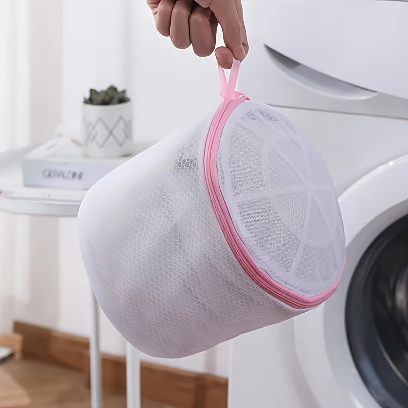 Laundry Bra Washing Bag - Mesh Design, Foldable Oval, with Pink Zipper Closure, Exquisite Storage Bag, Suitable for Travel, Qme