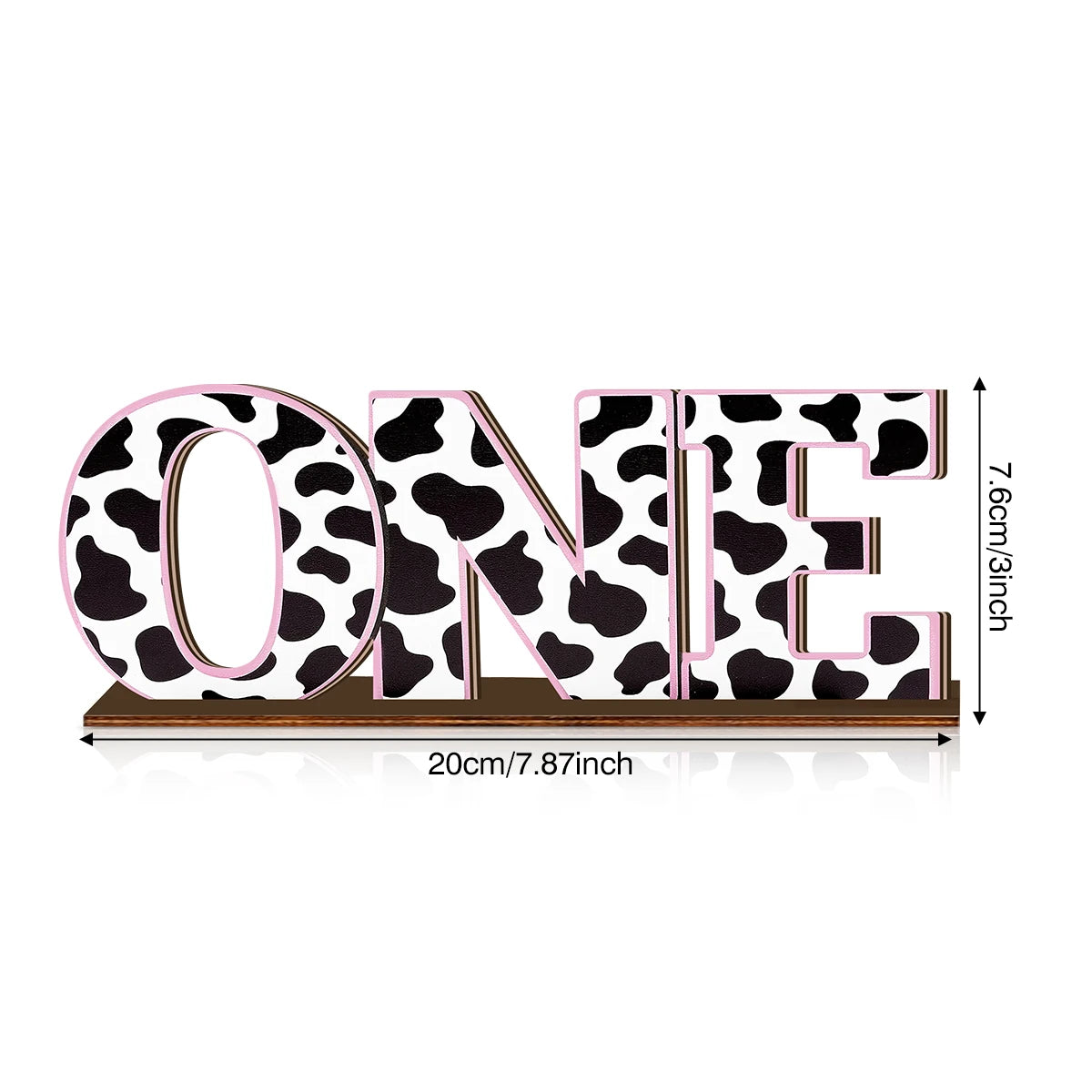 1SET 2D Black and White Cow Pattern Pink Edge "ONE" Letter Wooden Desktop Decoration, Birthday Party Desktop Decoration Qme
