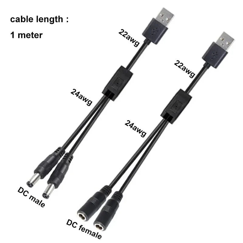 2PCS USB to DC5521 1 to 2 Power Cable Male to DC5525 Female Plug 2-Way Power Cord Qme Male