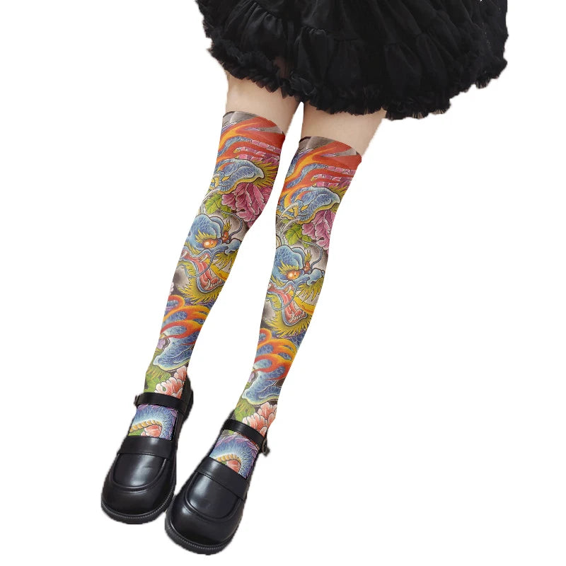 Women's Sexy Thigh-high Stockings Trend Tattoo Full Print Pattern 3D Qme style8 46CM